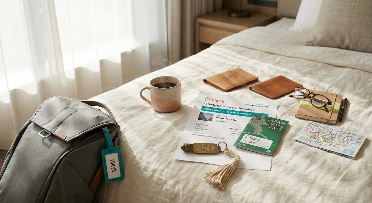 Minimalist travel vignette in a Tokyo hotel room