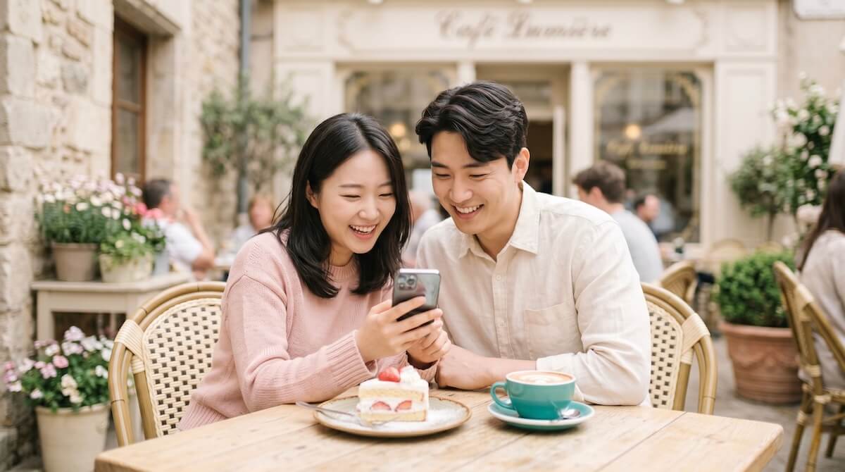 A soft, airy lifestyle photo of an Asian couple looking at a smartphone together at a sunlit cafe table, with a passport and a small teal coffee cup nearby.