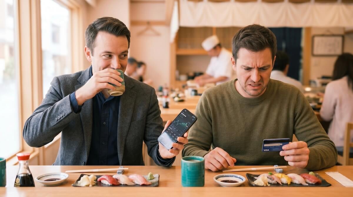 A smug man at a sushi counter subtly showing his phone screen to a slightly annoyed friend, gloating about his exchange rate win.