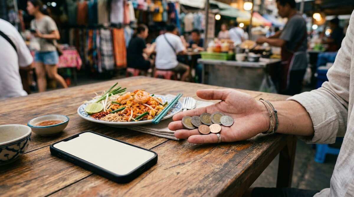 Traveler holding local coins at a street food stall