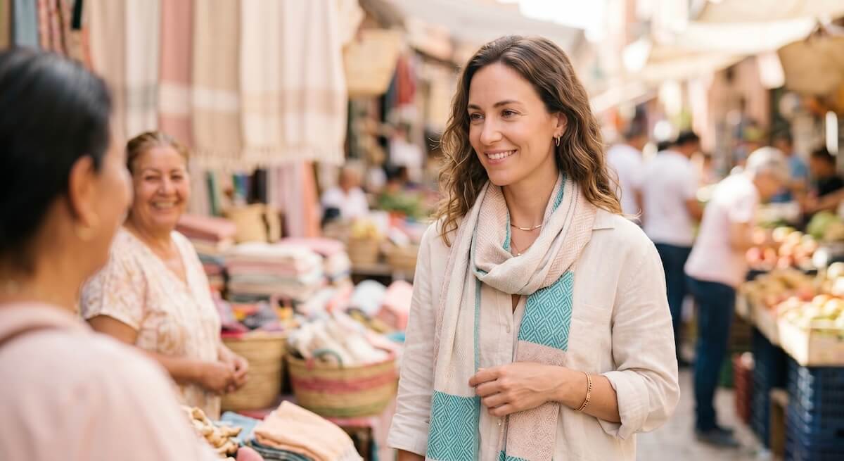 Confident traveler maintaining eye contact with a local vendor in a sunlit market, hands relaxed, no phone in sight