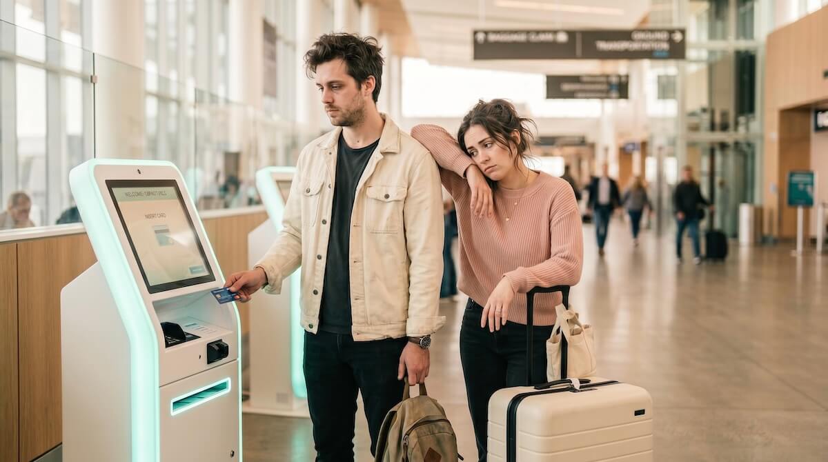 An exhausted couple standing in a modern airport arrival hall. The man is staring blankly at a glowing ticket kiosk holding a credit card, while the woman stands behind him, leaning on a suitcase, looking deeply tired.