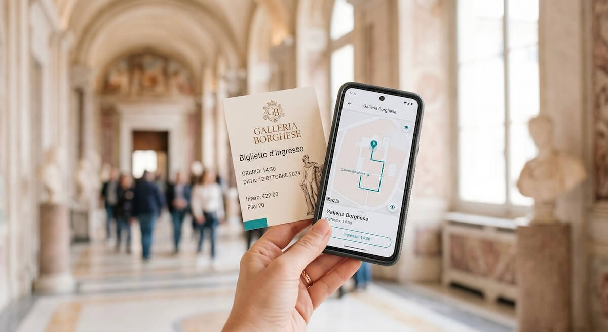Close-up of a hand holding a beautifully printed museum ticket and a smartphone. The background is a softly blurred classic European museum interior, capturing the reality of modern travel.