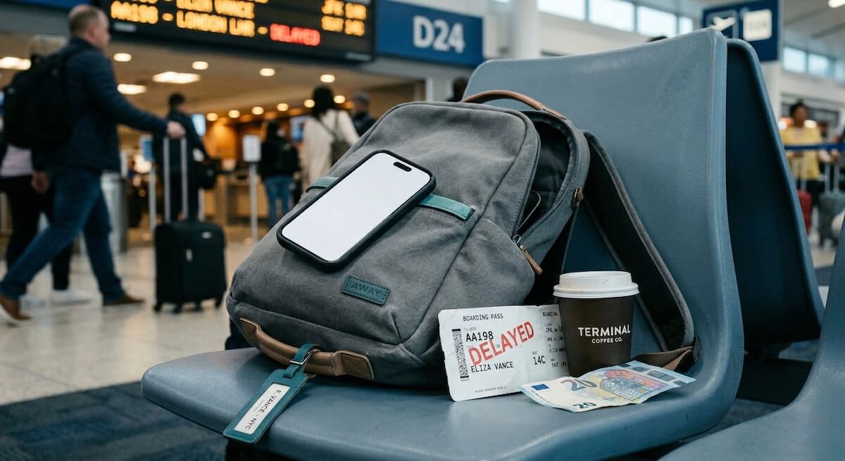 A traveler's essentials resting on an airport gate seat