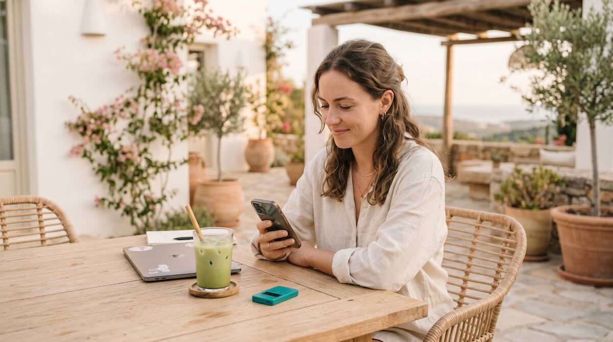 A digital nomad looking at a smartphone at a cafe, with an iced matcha and a subtle teal physical crypto wallet on a light oak table.