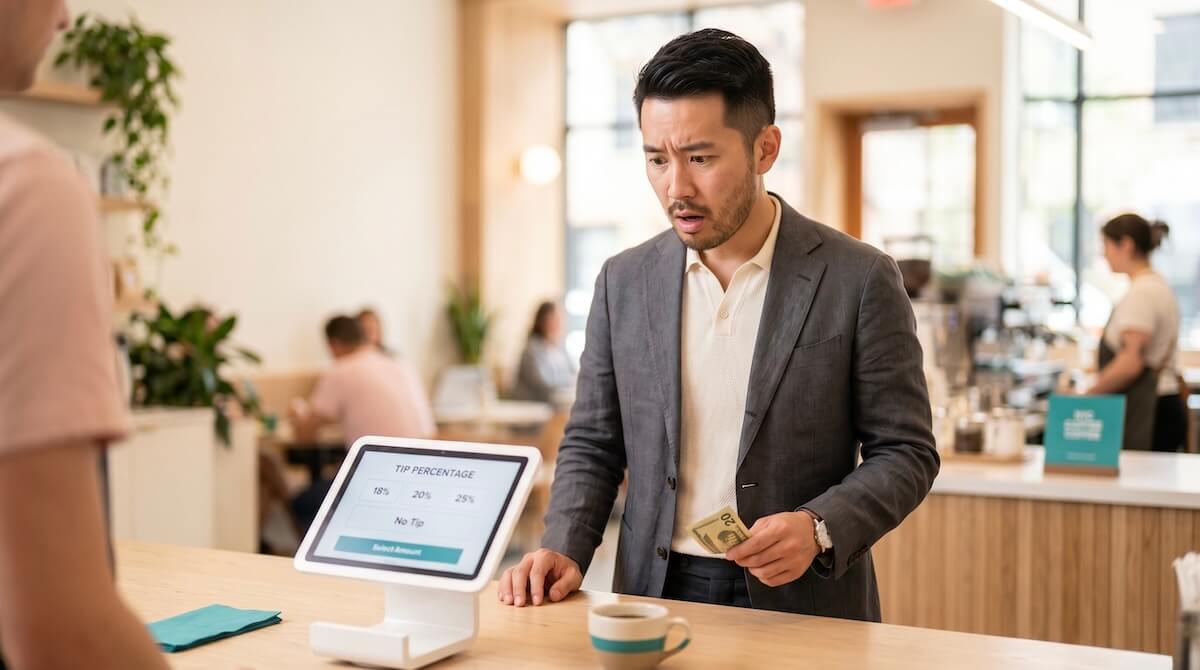 A sharply dressed Japanese traveler standing at a modern NYC cafe counter, looking utterly bewildered as the barista flips a digital tip screen toward him.