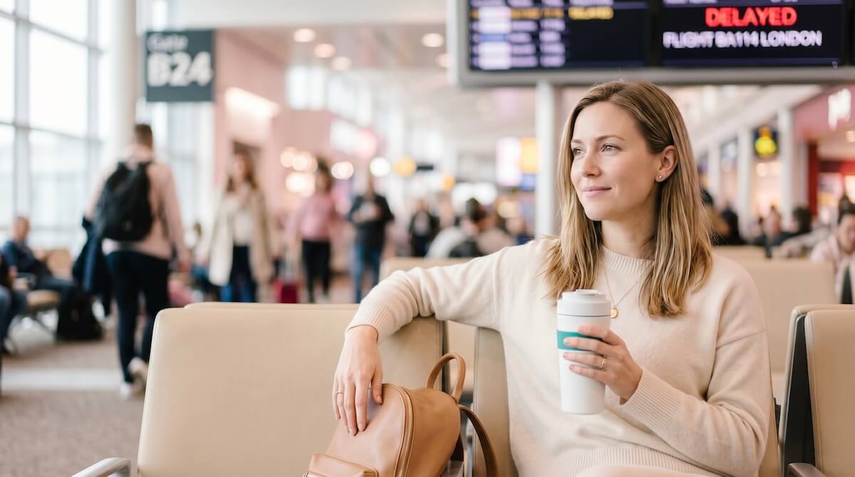 A serene traveler smiling subtly while sitting at an airport gate, beautifully lit in warm pastels. Behind them, out of focus, the departure board glows with red 'DELAYED' text and other passengers look stressed. The traveler casually holds a minimalist teal coffee cup, representing the calm of knowing a delay means an AirHelp payout.