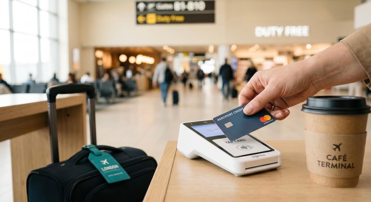 Close-up of a hand tapping a credit card on a contactless payment terminal at an airport café, warm blurred terminal lights in the background, travel carry-on visible beside the counter