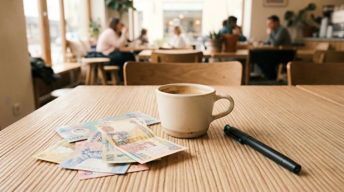 Foreign banknotes and a coffee cup
