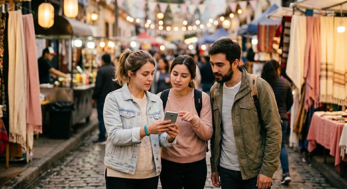 A group of friends walking through a market in Chile, looking thoughtfully at a smartphone to check travel budgets, surrounded by soft warm pastel tones and a subtle teal accent