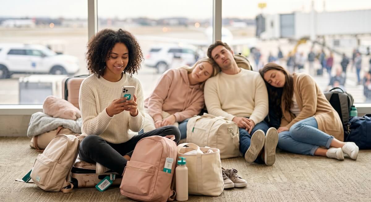 A group of friends sitting on an
                    airport floor looking exhausted