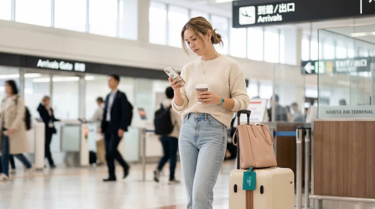 Frustrated traveler checking currency app