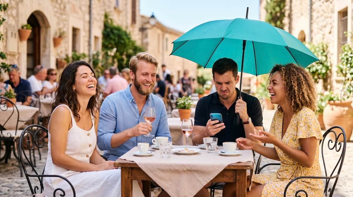 A group of travelers at a sunny European cafe where three friends are happily relaxing, while one friend absurdly holds an open teal umbrella and looks stressed at their phone, symbolizing the unnecessary anxiety of checking live exchange rates on vacation.