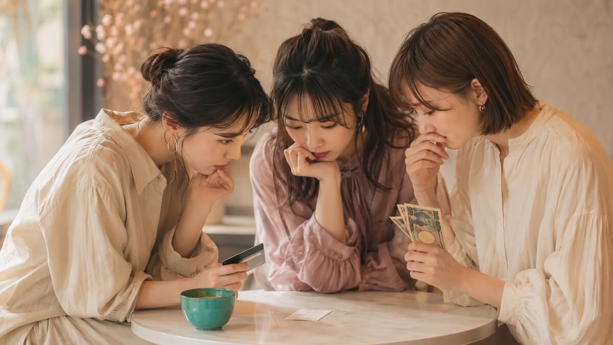 Three female friends at an izakaya table, staring intensely at a small receipt as if deciphering an ancient scroll, with a subtle teal accent in the frame.