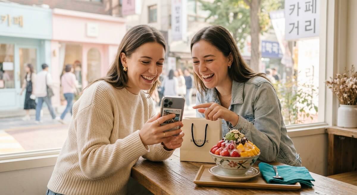 Traveler smiling at phone at an indoor cafe