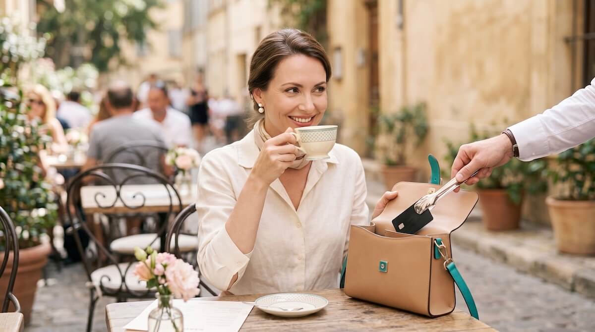 An elegant traveler politely sipping coffee and smiling while a waiter casually uses fine silver serving tongs to extract a credit card directly from her open handbag on the table.