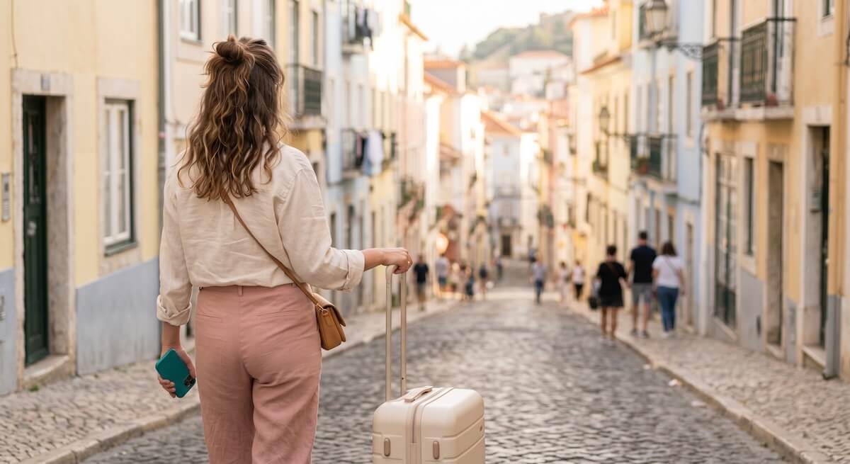 A close-up
                    over-the-shoulder view of a traveler dragging a sleek suitcase up a steep