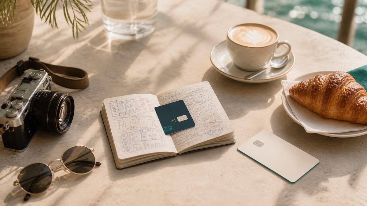 A conceptual lifestyle shot of an open passport with a traditional bank card stamped inside its pages, juxtaposed with a free, sleek minimalist card on a cafe table.