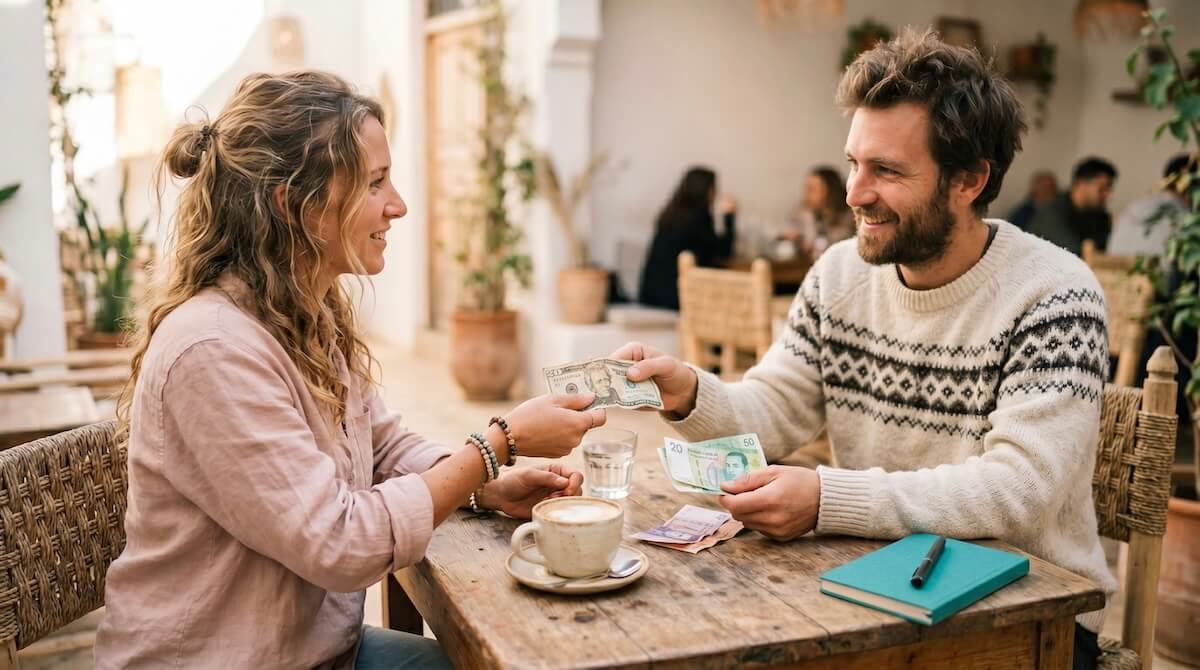 Two nomads casually exchanging a crumpled bill for local currency across a cafe table, with a subtle teal notebook nearby.