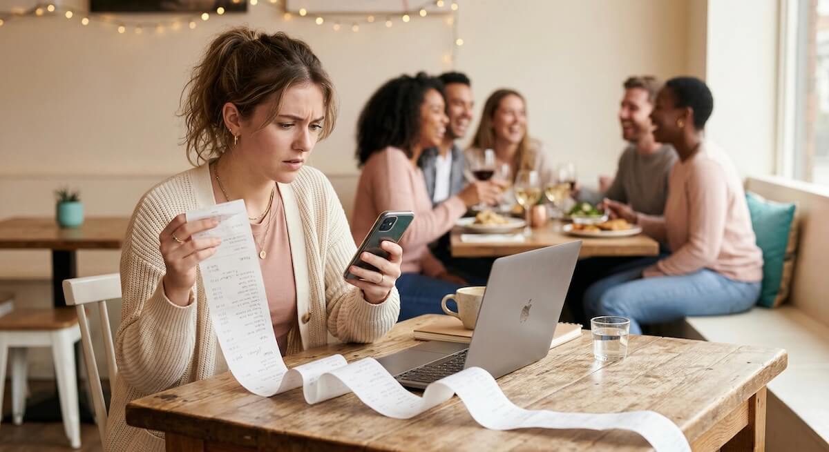 A stressed digital nomad holding a long restaurant receipt