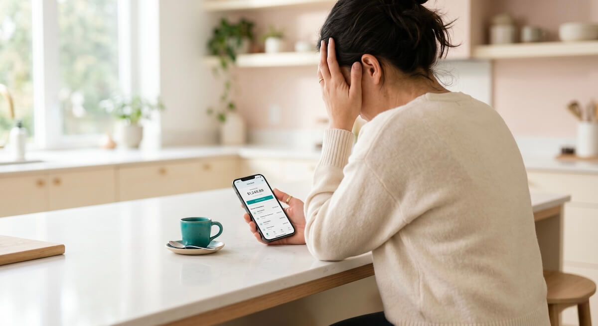 An over-the-shoulder shot of a person sitting at a kitchen counter, holding their head in slight frustration while looking at a credit card bill on their phone, representing hidden foreign transaction fees.