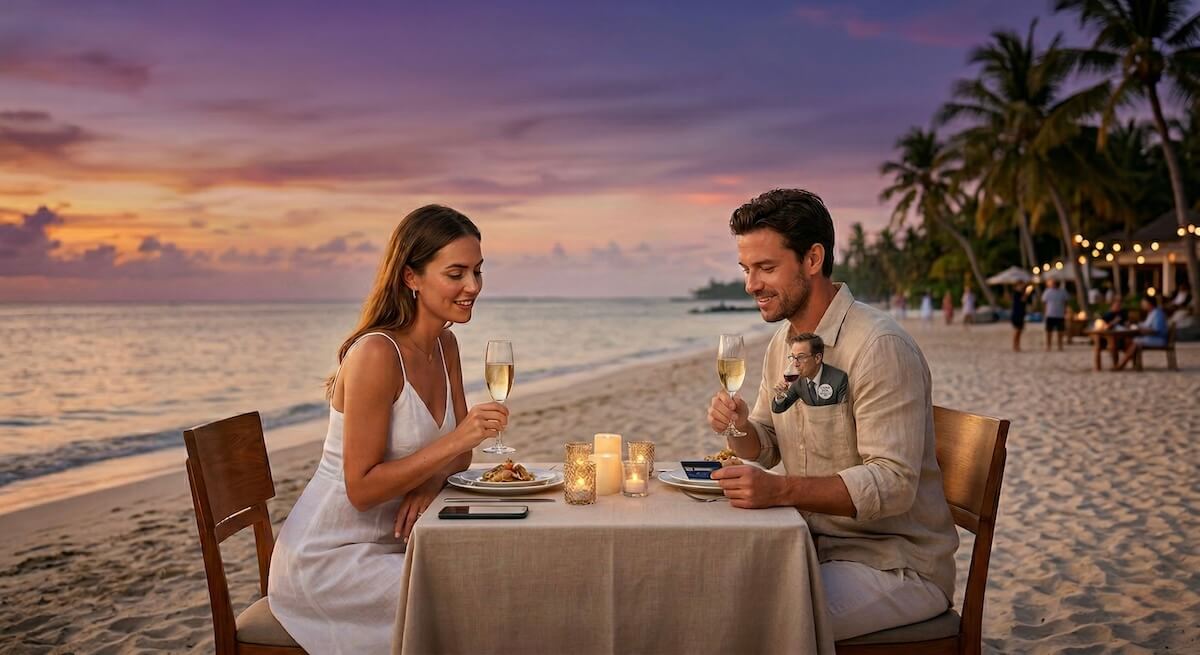 A couple enjoying a romantic beach dinner at sunset, featuring a miniature banker hiding in the man's shirt pocket sipping wine, representing hidden travel fees on vacation.