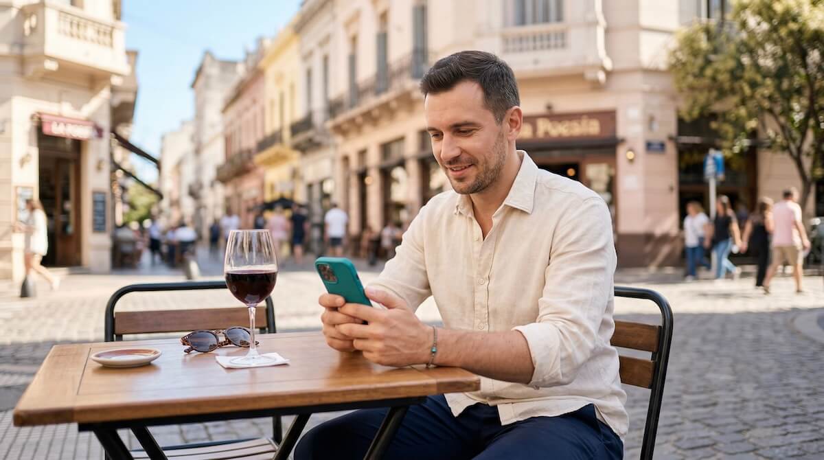 A stylish Russian male tourist sitting at a sunny cafe