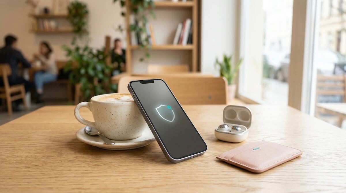 Minimalist vignette of a smartphone showing a secure connection, wireless earbuds, and coffee on a light oak table