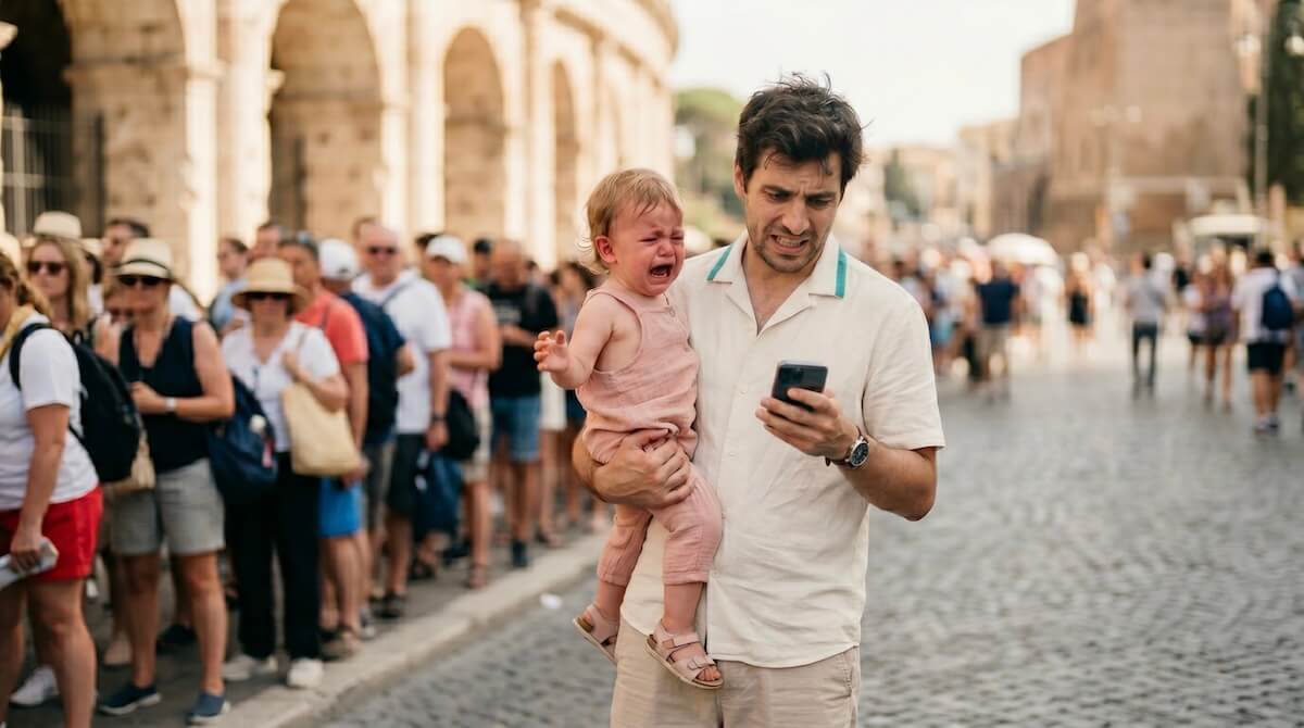 Exhausted dad holding a screaming toddler with one arm while frantically tapping his phone to buy skip-the-line tickets