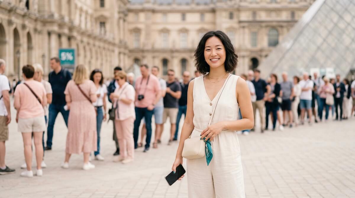 A relaxed, stylish minimalist traveler looking confident and happy
