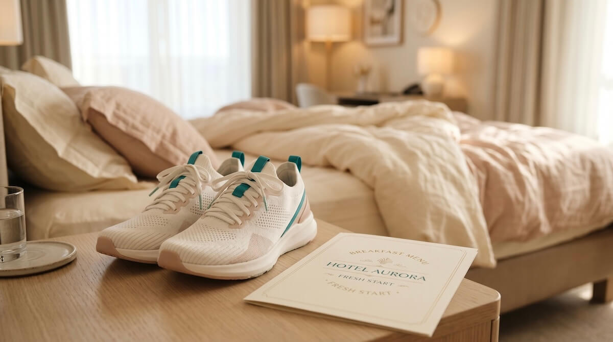 Close-up of pristine, unworn running shoes sitting next to a messy hotel bed and a room service menu. The background is a softly blurred luxury hotel room, bathed in warm morning light.