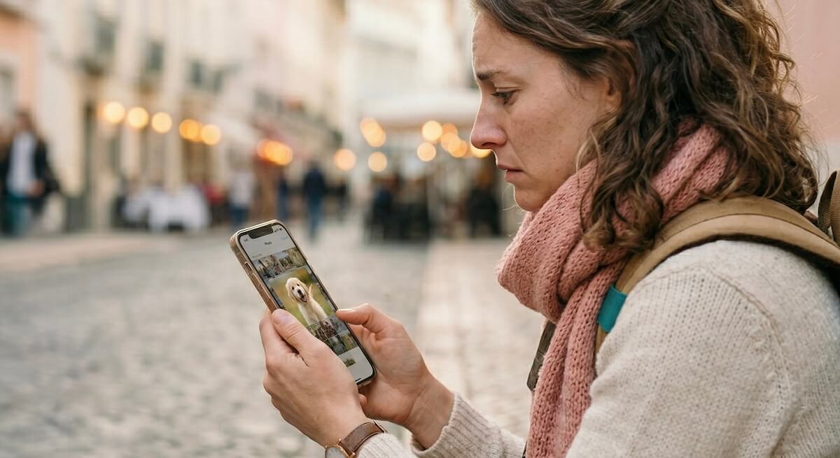 A funny and endearing traveler looking stressed at their phone screen