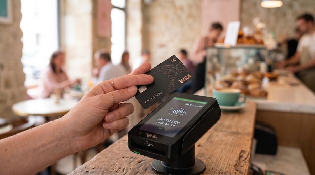 A close-up of a hand holding a modern credit
                    card with crossed fingers