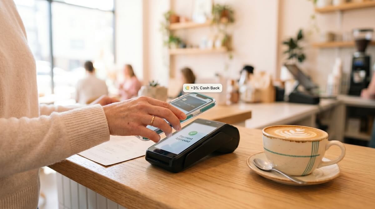 Person casually tapping their smartphone on a payment terminal at a cafe, seamlessly earning instant cashback.
