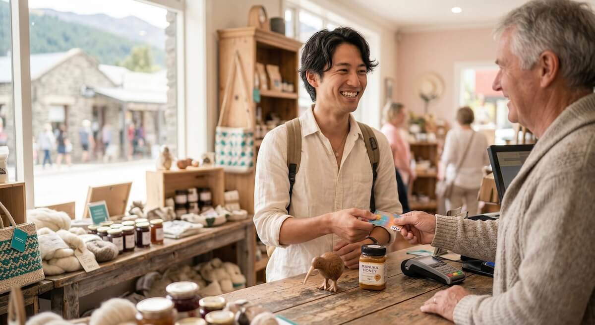 A traveler holding a credit card at a local shop