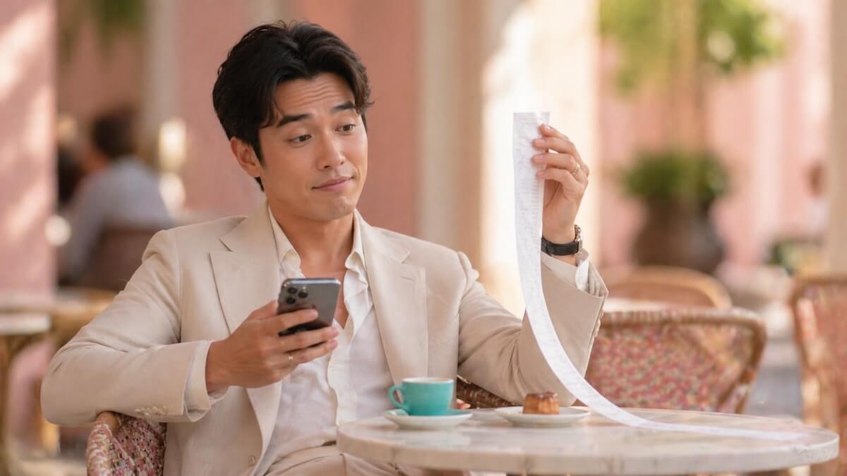Traveler with a frozen smile holding an absurdly long receipt next to a tiny pastry, checking real prices on their phone