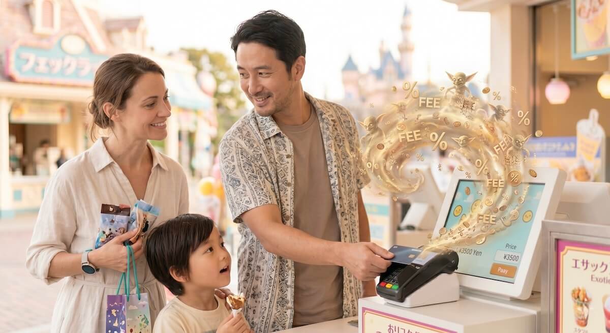 A happy family buying snacks at a Tokyo Disney Resort stall. The father is tapping his credit card to pay, while a magical glowing swirl of mischievous goblins and percentage signs emerges from the terminal, representing the invisible FX markup curse and hidden bank fees.
