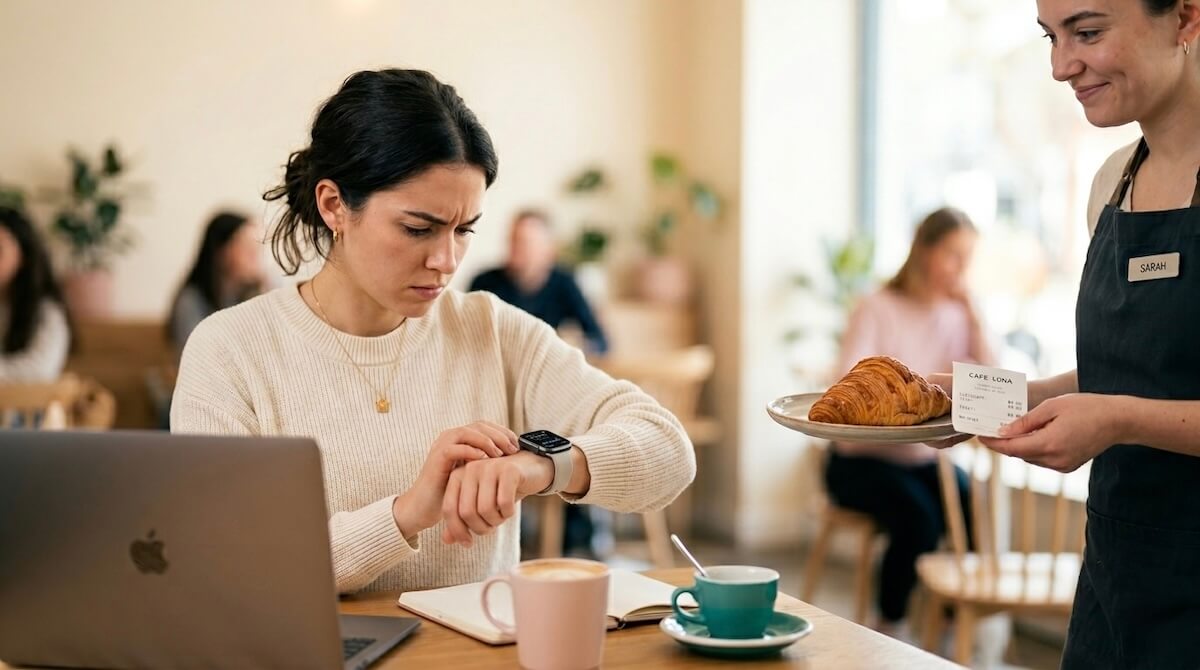 A hyper-organized digital nomad looking obsessively at their smartwatch sleep data, while blindly handing a credit card to a barista for an overpriced croissant.