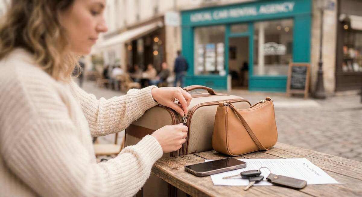 A traveler's hands adjust a suitcase zipper