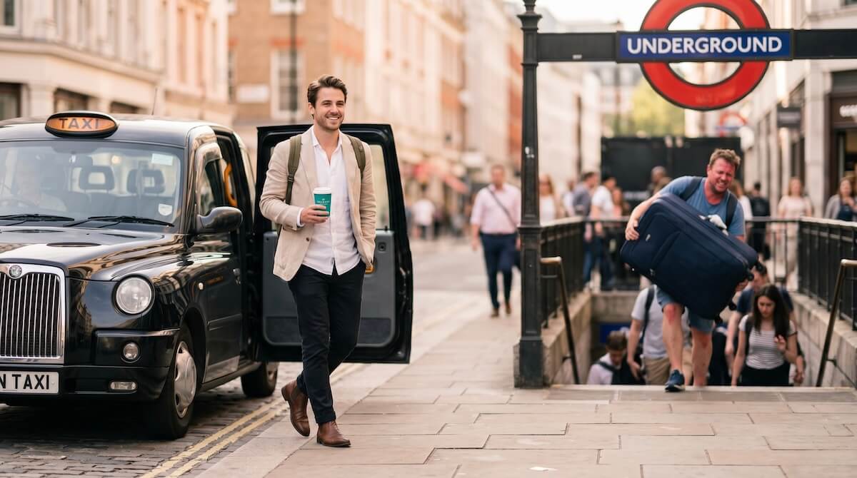 A relaxed traveler stepping out of a classic London black cab holding a coffee, while in the blurred background, another tourist struggles with a heavy suitcase on a Tube station staircase.