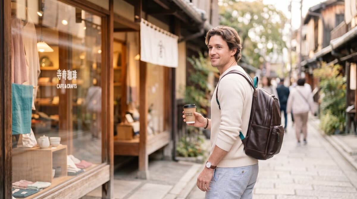 A soft, airy lifestyle photo of a traveler looking over their shoulder at a beautifully blurred boutique window, holding a paper coffee cup with a subtle teal logo, looking endearingly torn between walking away or going back inside.