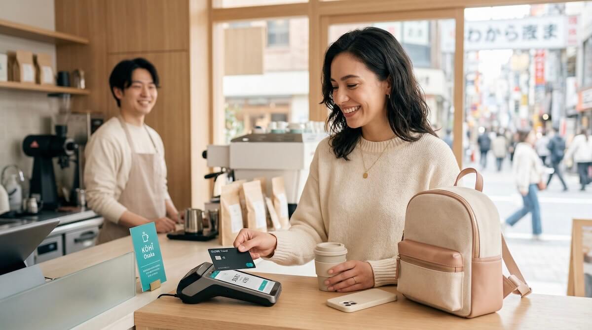 A smiling traveler tapping a sleek travel card at a cafe