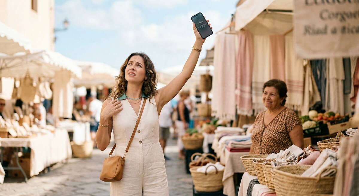 A frustrated traveler holding a smartphone up high