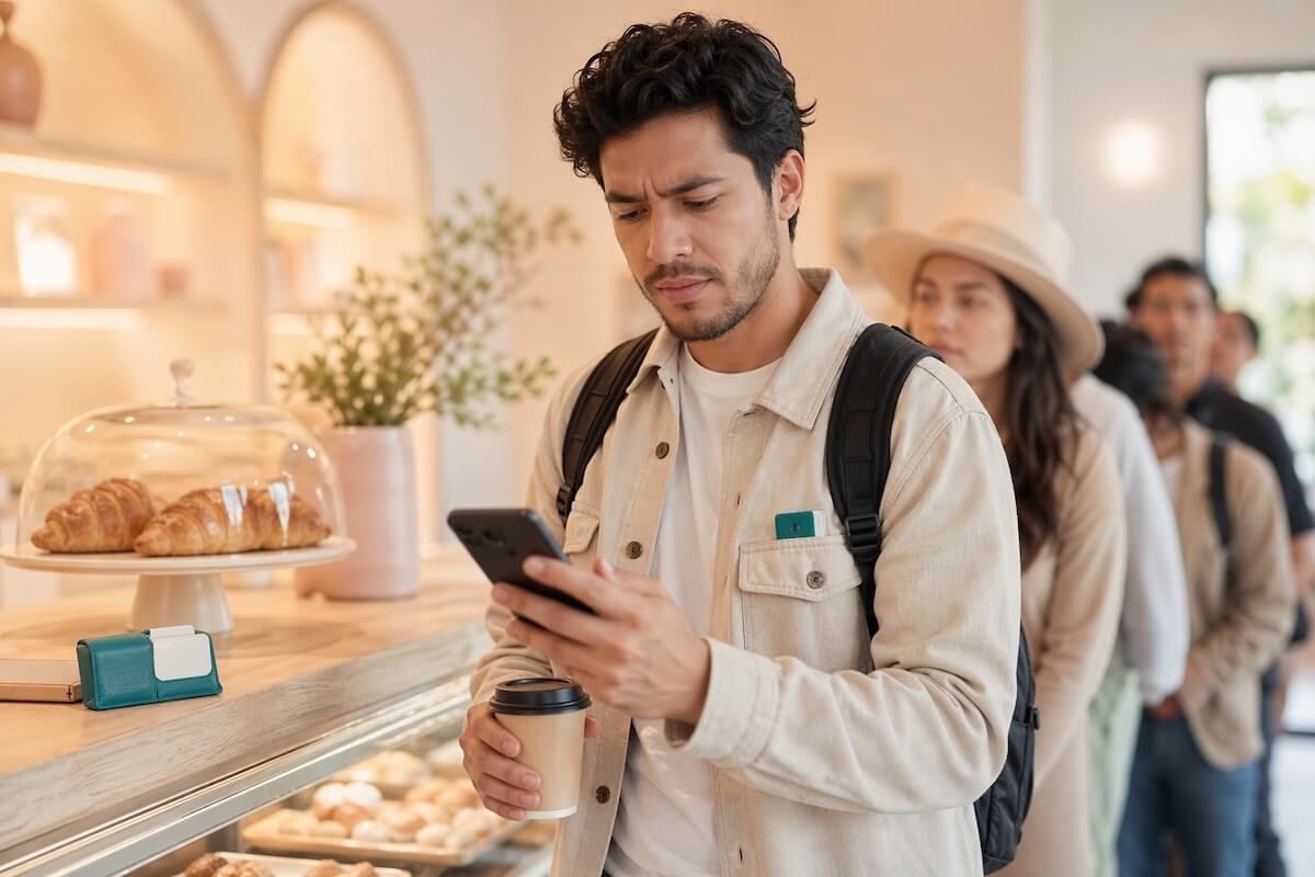 Traveler looking slightly exasperated at their smartphone while standing at a beautifully lit, minimalist bakery counter