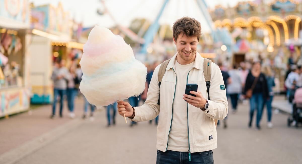Traveler holding a giant cotton
                    candy