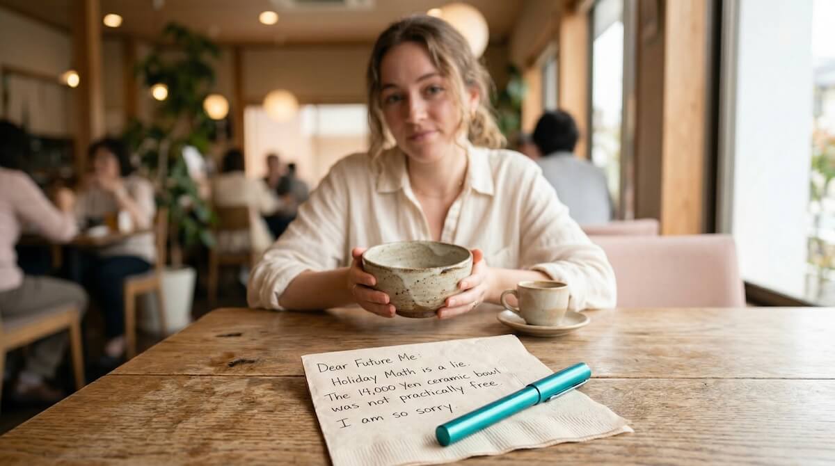 A traveler in linen holding a ceramic bowl and an espresso cup in the background, smiling guiltily at a handwritten apology note about 'Holiday Math' in the foreground.