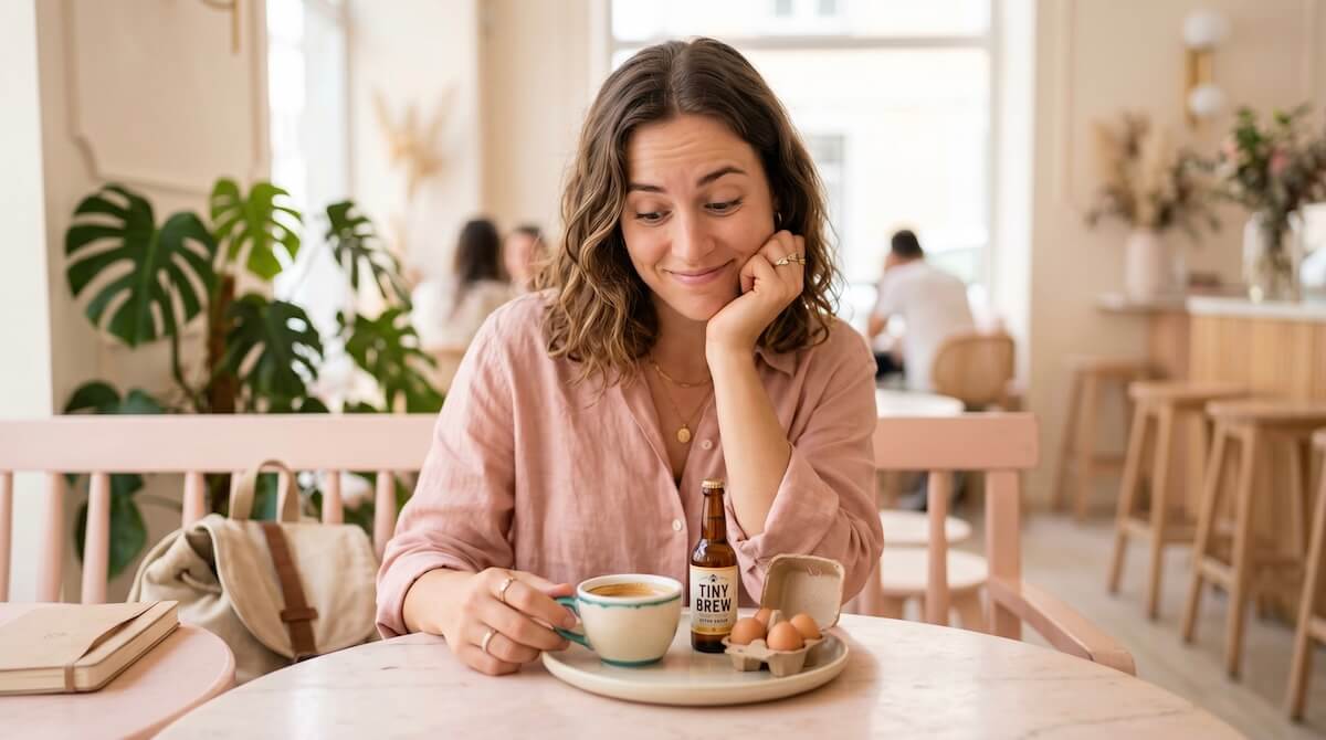 A traveler looking confused at a teal espresso cup, where a bottle of beer and a tiny carton of eggs rest on the saucer instead of sugar, visualizing the true hidden cost of foreign transaction fees.