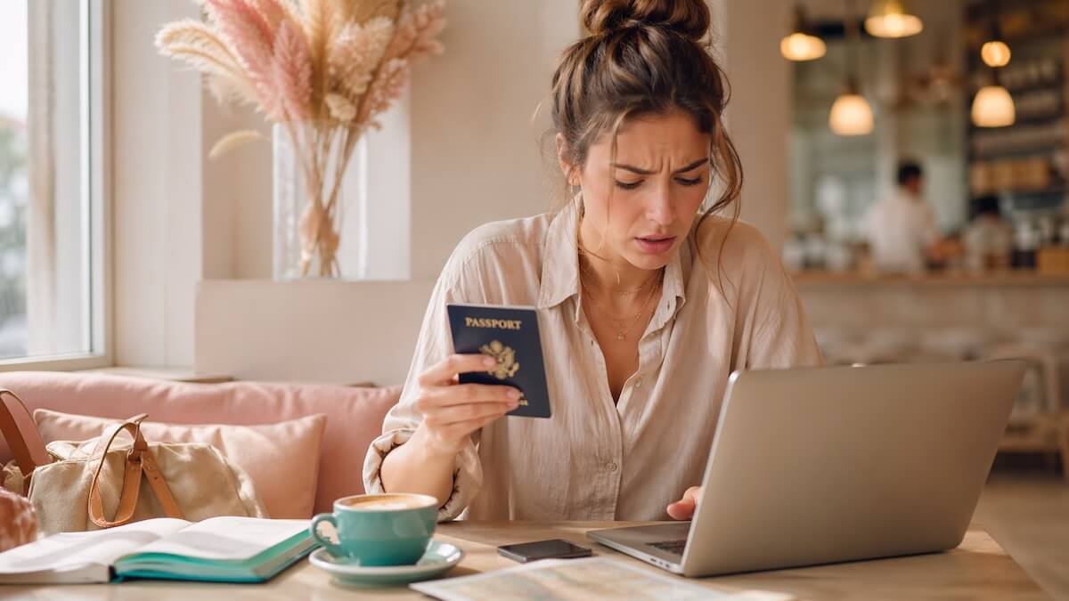 A stressed but stylish digital nomad sitting in a cozy, sunlit cafe looking at a passport while typing frantically on a laptop. Soft pastel tones, lifestyle photography.