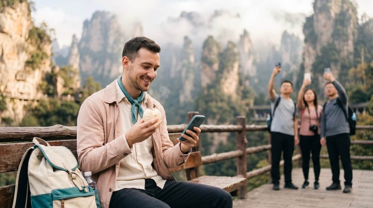 A stylish, relaxed minimalist traveler holding a smartphone, looking smugly content while eating a hot steamed bun. In the softly blurred background, majestic tall sandstone pillars of Zhangjiajie and stressed tourists raising their phones to the sky trying to get a cellular signal.